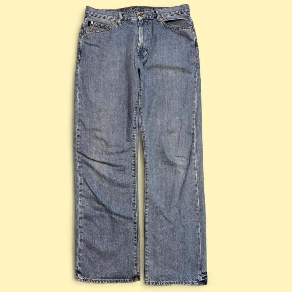 Vintage Nautica Wide Leg Jeans 34x32 Boot Cut Yellow & Blue Denim Skater 90s
